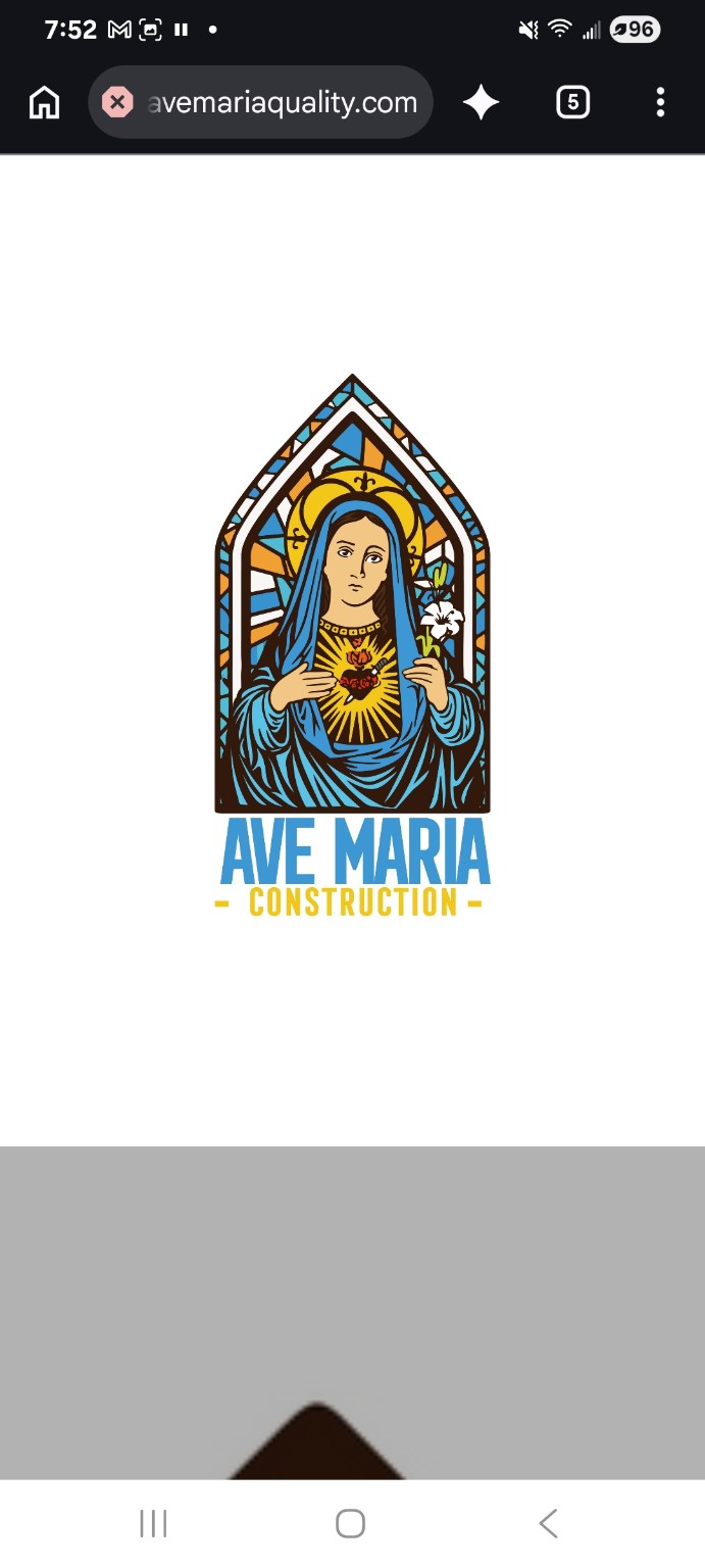 Ave Maria Construction stained-glass Mary logo